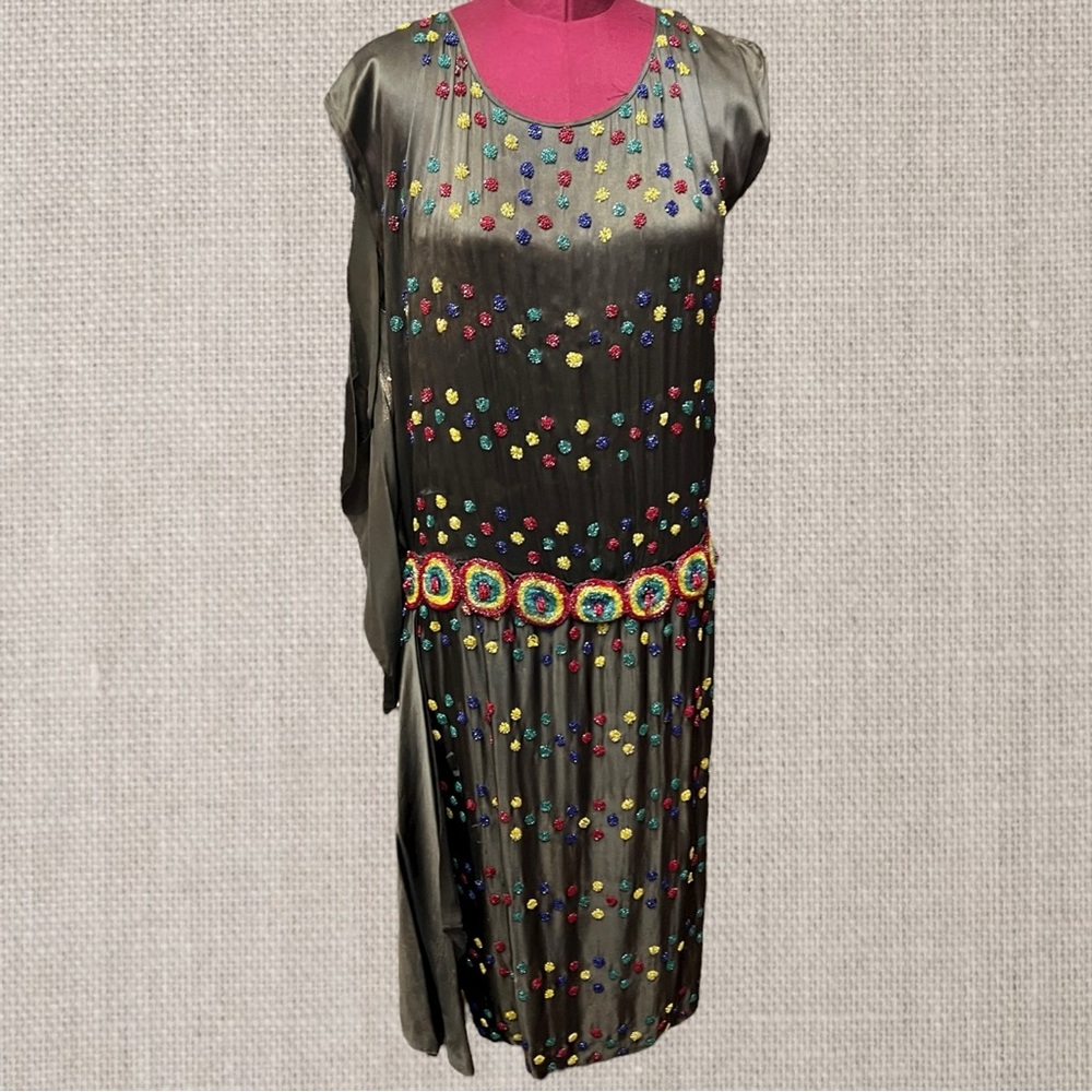 Vintage 20s Brown Silk Colorful Beaded Dress